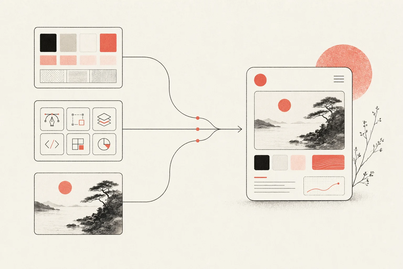 Schéma montrant un design system, une skill et une image de référence convergeant vers une bonne sortie de design