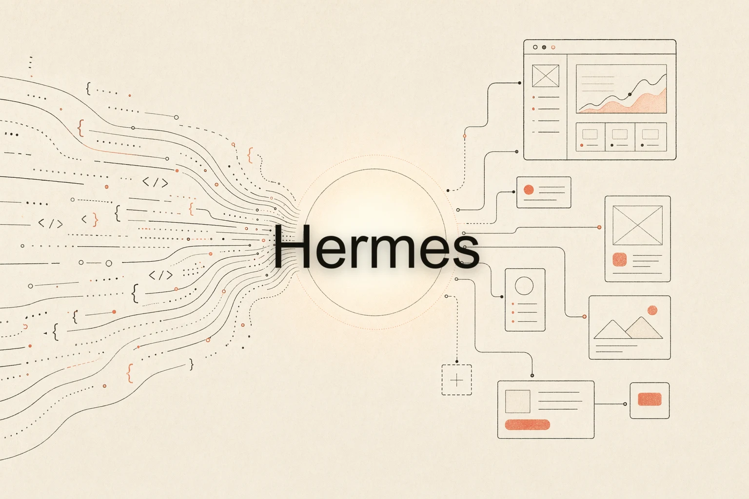 Bucle de retroalimentación de diseño de Hermes: un agente de terminal autónomo leyendo una imagen de referencia, delegando a subagentes, un navegador renderizando la interfaz y un espacio de trabajo, con una flecha de retroalimentación que regresa