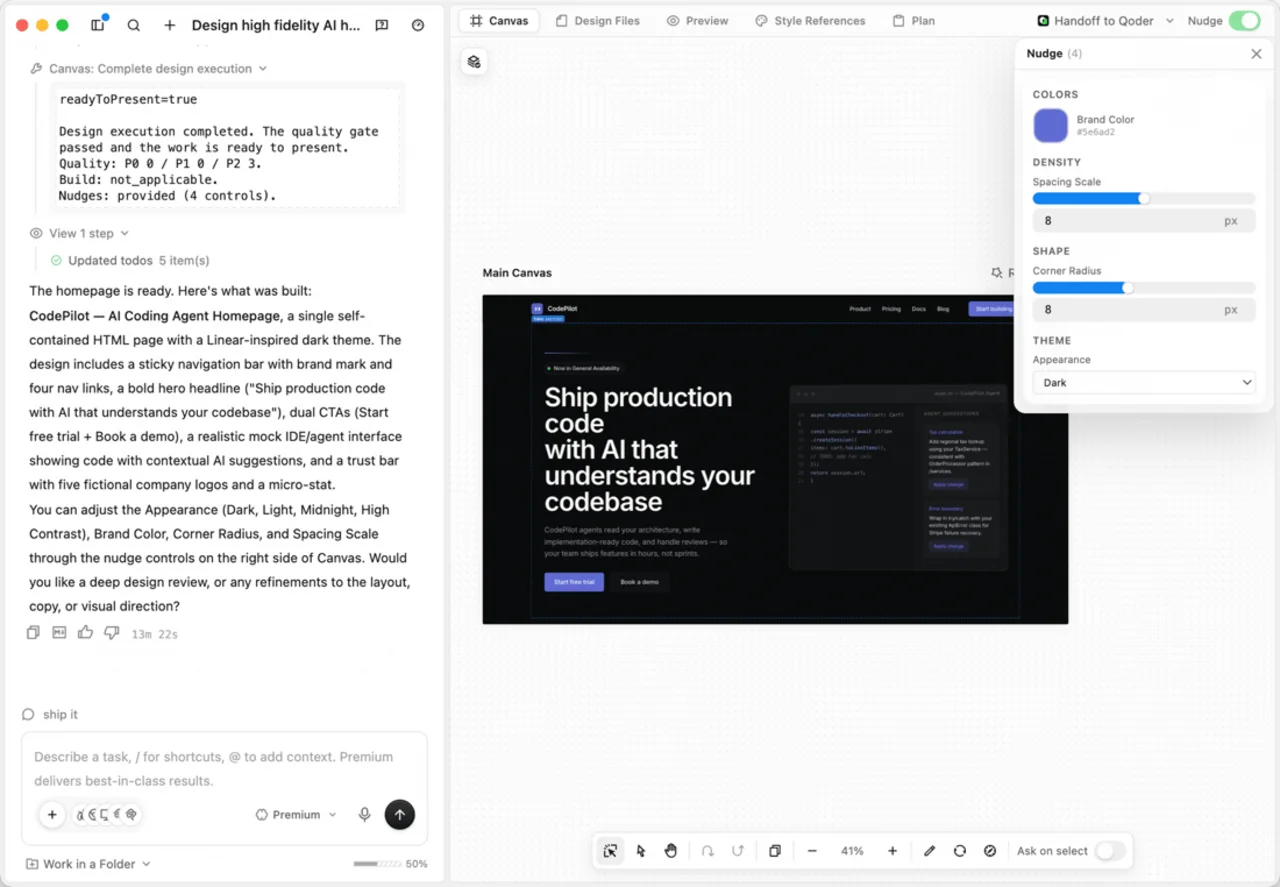 QoderWork Design — design-as-code su una canvas infinita con Questions, Design Plan e Nudge