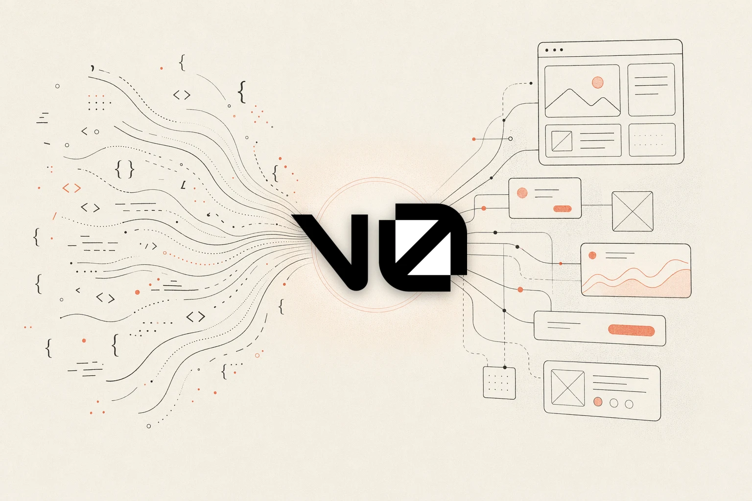 OpenDesign vs v0 — ilustración editorial en papel cálido de código convergiendo en un hub de diseño