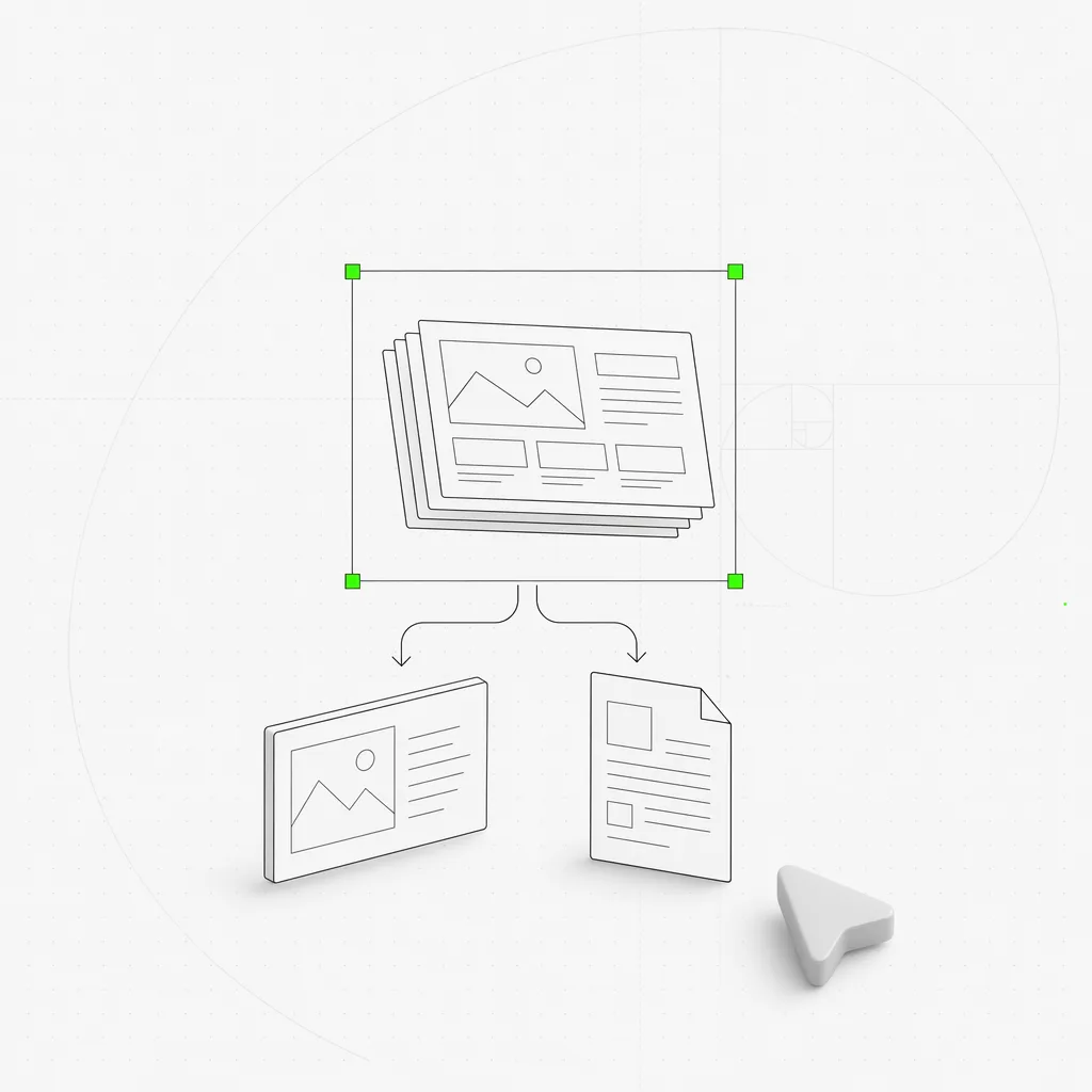 Un deck de diapositivas terminado se eleva del lienzo y se divide en un archivo PPTX y un archivo PDF, los dos archivos de salida enmarcados dentro de un cuadro de selección verde sobre un fondo editorial casi blanco
