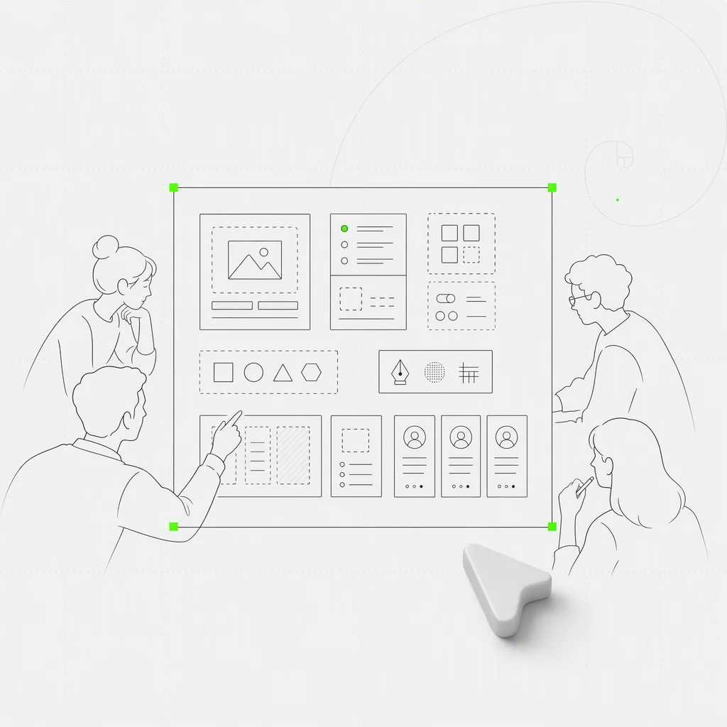 Una tarjeta modular de sistema de diseño, una pieza de plugin y una tarjeta de skill que se acoplan a un espacio de trabajo de equipo compartido, con el kit agrupado dentro de un marco de selección verde preciso sobre un fondo editorial casi blanco