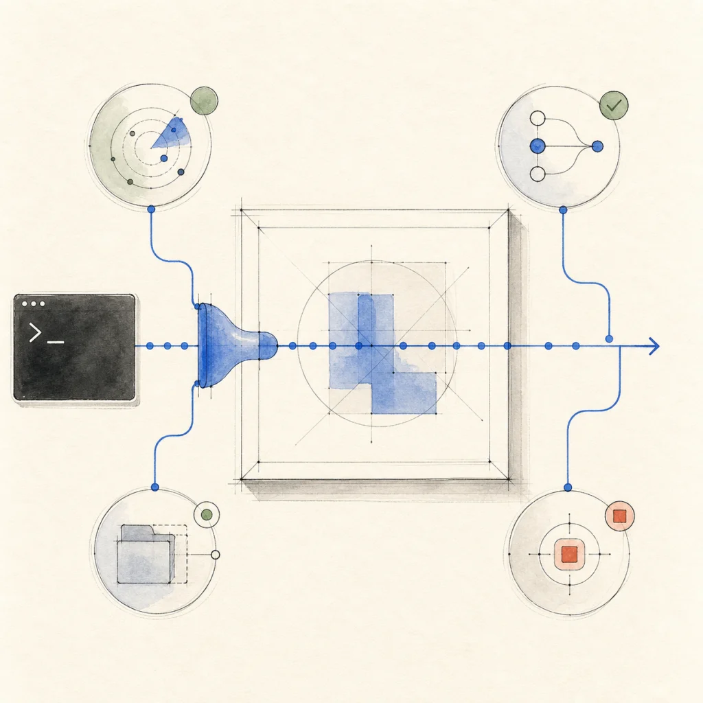 Una orden pasa por un runtime nativo azul hasta un lienzo de diseño