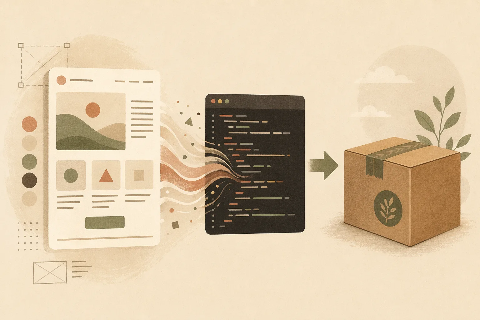 Editorial illustration of a design shipping to production code in OpenDesign