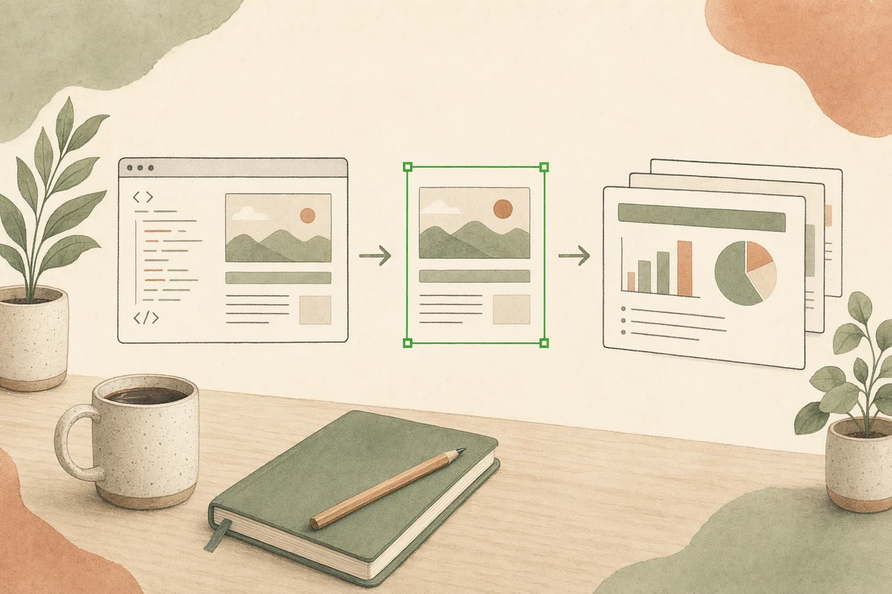 Ilustración editorial de una presentación HTML convirtiéndose en un archivo de PowerPoint editable dentro de un agente de programación, enmarcada por una caja de selección verde