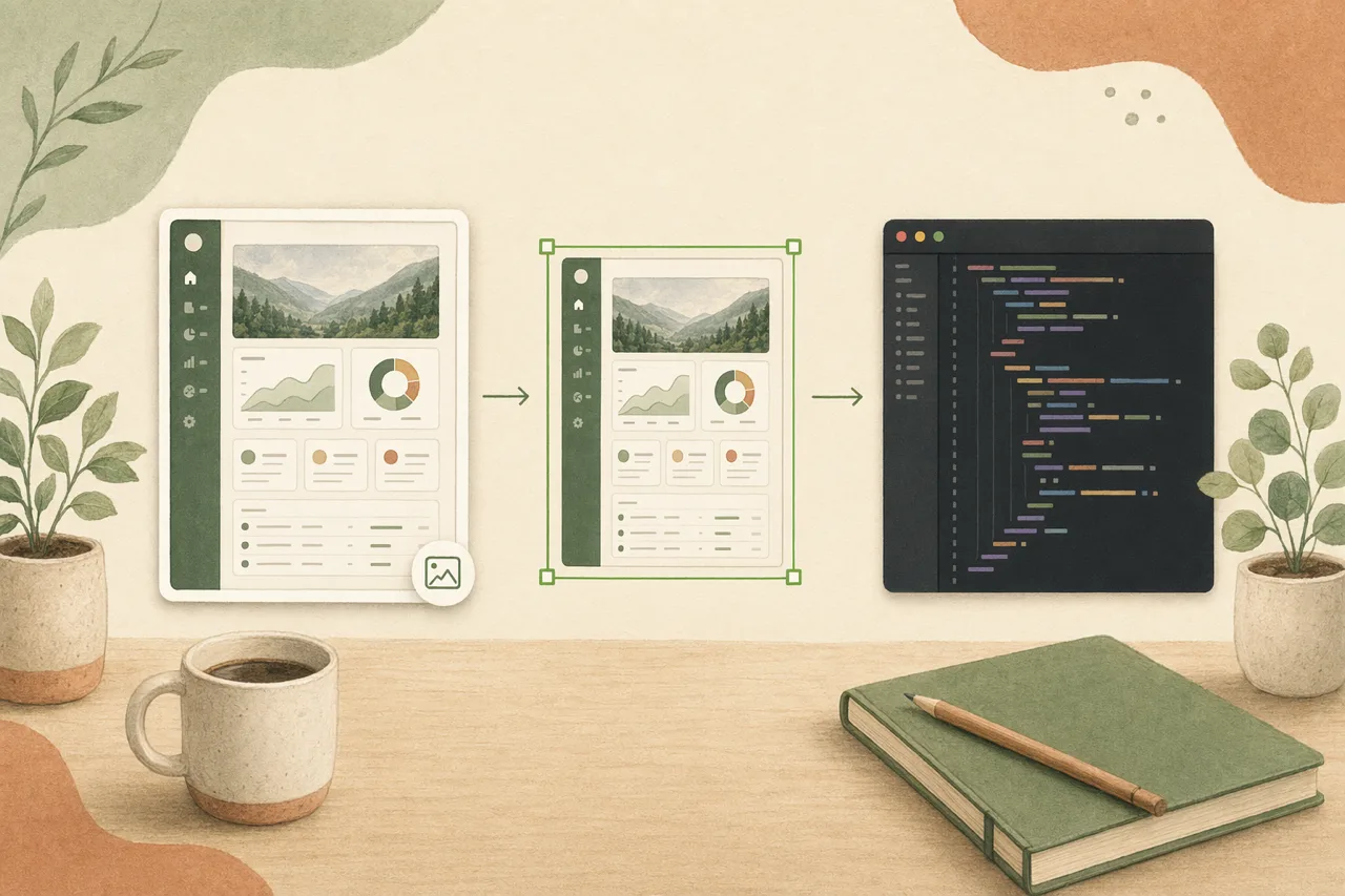 Illustration éditoriale d’une capture d’écran d’UI se transformant en code de production propre à l’intérieur d’un agent de code, encadrée par une boîte de sélection verte