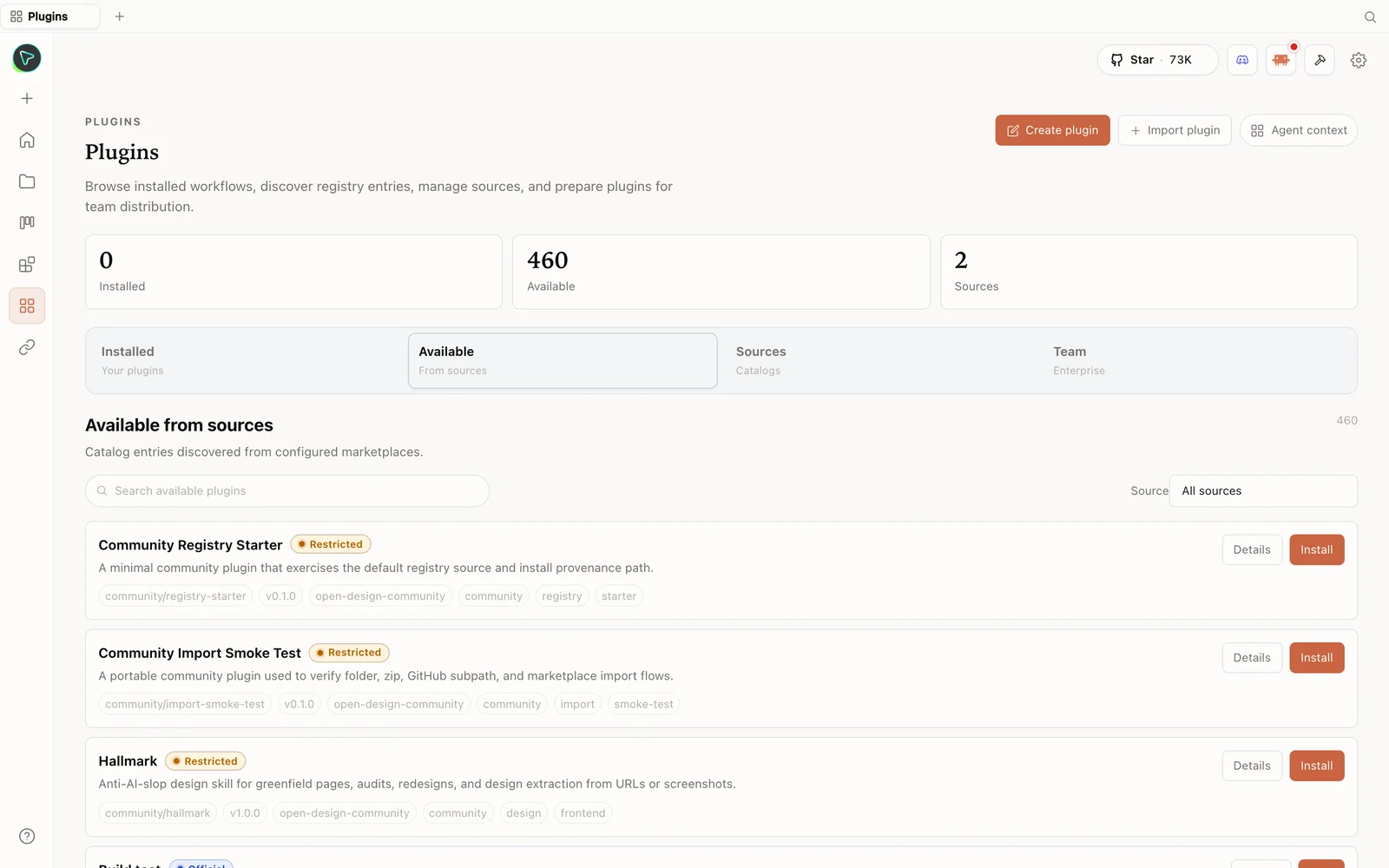 La biblioteca de plugins de OpenDesign, con skills instalables.